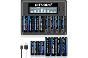 CITYORK Ładowarka do akumulatorów z 8 bateriami AA 3000 mAh i 8 x 1100 mAh AAA, do akumulatorów AA, AAA Ni-MH/NI-CD, z 8 gniazdami LCD, zestaw ładowarek