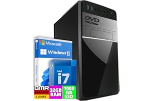 GMR Intel Core i7 Multimedia PC - Schneller Computer für Büro & Home Office | 32GB RAM | 1000GB SSD | DVD+RW | USB3.0 | WLAN | Windows 11 Pro | Office Word | Excel