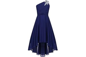 TiaoBug Enfant Fille Robe Princesse Soirée à Perles Une Épaule Plissé Robe Demoiselle d'honneur Mariage Cérémonie Robes de Bal Carnaval Fête 6-16 Ans