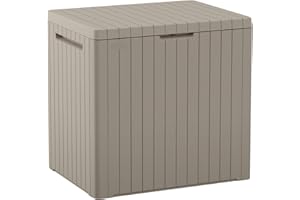 Keter City 30 Gallon Resin Outdoor Storage Box and Patio Furniture Side Table for Pool and Garden Accessories, Beige