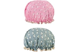 MEMOFYND 2 gorros de ducha impermeables, banda elástica de doble capa, con volantes, gorro de ducha reutilizable, unisex, adecuado para baño, spa (rosa, azul)