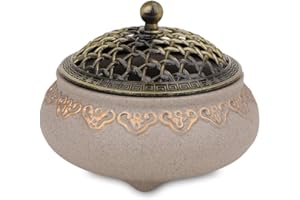 FAKEFACE Keramik Weihrauchbrenner Räuchergefäß Räucherstäbchenhalter Halter Rund Chinesisch Porzellan Räucherschale mit Feuerfeste Matte und Metall Deckel für Home Deko Geschenk