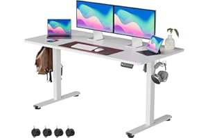 VOSATRON Electric Height-Adjustable Desk, 140 x 60 cm, Height Adjustable Desk with Memory Control and Anti-Collision Technology, Wheels, Splicing Board, White Frame/White Table Top