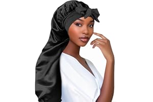 Adorila Extra Long Satin Bonnet for Women, Adjustable Braid Bonnet with Tie Band, Double Layer Elastic Silk Cap, Black, One Size