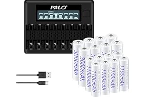 Palogreen Battery AA AAA With Battery Charger - 8 AA 3000mAh and 8 AAA 1100mAh Rechargeable Batteries 1.2V NiMH With 8 Compartment Intelligent LCD Battery Charger With Discharging
