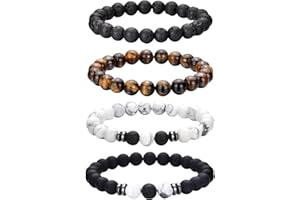 jatimdotin Bracelet Pierre Naturelle pour Homme - 4 PCS 8mm en Pierre de Lave Extensible - Perles Cadeau Personnalisé pour Papa Mari Copain Couple