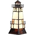 Bieye L30727 Lighthouse Tiffany Style Stained Glass Accent Table Lamp Night Light with Lookout Platform for Home Decoration (5x5x9, Brown)