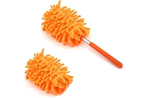 WOOXDYUK Miotełka do kurzu z mikrofibry, do czyszczenia, wysuwana miotełka do kurzu z bardzo długim drążkiem, wymienna głowica szczotki, zmywalna miotełka do kurzu, pomarańczowa