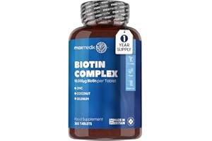 MAXMEDIX Biotin Complex - 1 Year Supply - Biotin 10000 mcg with Coconut, Zinc & Selenium - Alternative to Biotin Gummies - 365 Biotin Tablets - Hair Skin and Nails Vitamins for Women & Men - Made in The UK
