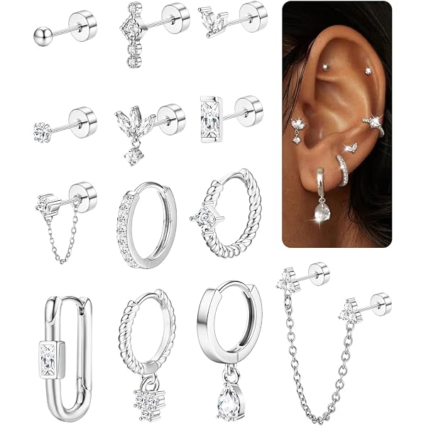 Adramata 6 Paires 18G Lot Boucles d'Oreilles Femme Homme En Acier Inoxydable, Cz Boucles d'Oreilles Dos Plat Ton Argent Piercing Oreille Unisexe