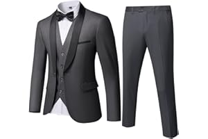 YND Conjunto de esmoquin ajustado de 3 piezas para hombre, cuello de chal de un botón, chaqueta sólida, chaleco y pantalones con pajarita