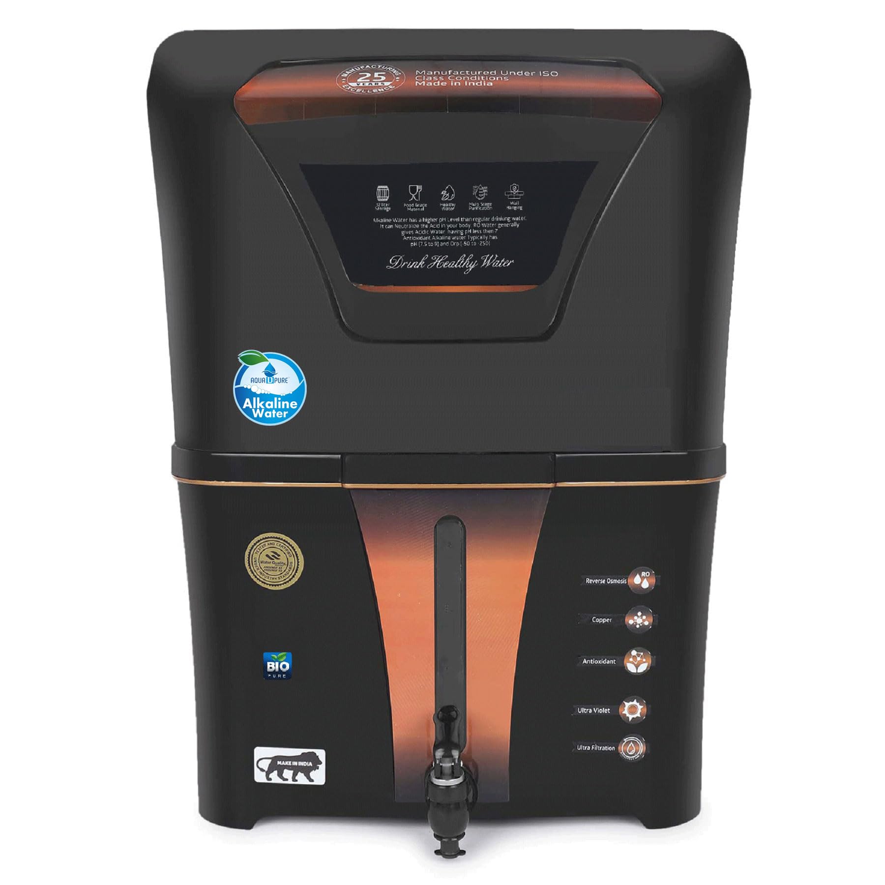 AQUA D PURE Copper + Alkaline RO Water Purifier 12L RO+UV+UF Copper+Bio-Alkaline +TDS Control+UVPurified Water with Goodness 