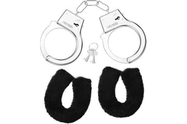 SATINIOR Menottes en Métal avec 2 Clés Jouets de Menottes en Peluche Accessoires de Costume de Police pour Enfants Fournitures d'Accessoires de Fête (Noir, Peluche)