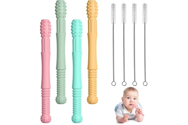 Vicloon Anneau dentition Silicone Dentition, 4pcs Jouets de Dentition Silicone avec 4 Brosse de nettoyage, Anneau de Dentitio Anneaux Refrigerant Jouet Calme Apaise Douleurs (Rose/Vert/Bleu/Jaune)