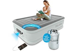Huddle Never Deflate™ lit Simple Gonflable Haut de Gamme, lauréat Good Housekeeping 2025, doté de la Double Pompe SlumberGuard™, fermeté réglable, Pompe intégrée et veilleuse USB.
