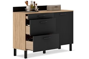 IDMarket - Buffet Bas casserolier de Cuisine 120 CM CINA Plan de Travail H.83 cm 1 Porte + 3 tiroirs façon hêtre et Noir