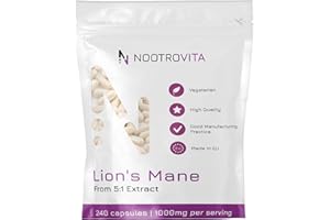 Lions Mane Mushroom - 240 Kapseln - 4 Monate! | Dual Extrakt 1000mg (Entspricht 5.000mg Löwenmähne Pilz) | Heilpilz Hericium Erinaceus | Vegan, Keine Künstlichen Füllstoffe | Nootrovita