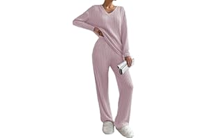 Famulily Womens Pyjamas Set Nightwear, Ladies Ribbed 2 Piece Outfits Loungewear Sets Leisure Suits Homewear V Neck Long Sleeve Jumpers and Wide Leg Trousers with Pockets