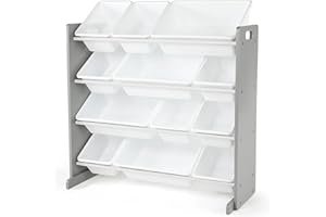 Humble Crew Inspire Wooden Toy Storage Organiser for Children, with 12 BPA Free Plastic Removeable Storage Bins, Ideal for Storing Toys, Games, Books and Craft Supplies - Grey/White