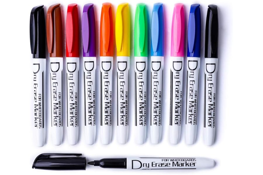Volcanics Dry Wipe Pens Whiteboard Markers Dry Erase Pens Low Odor Fine TipThin Box of 12, 10 Colours