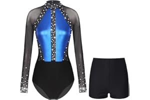 Nyeemya Damen Turnanzug Langarm Gymnastikanzug Strass Glitzer Ballettanzug Stehkragen Ballett Trikot Tanzbody + Tanz Shorts Turn Outfit