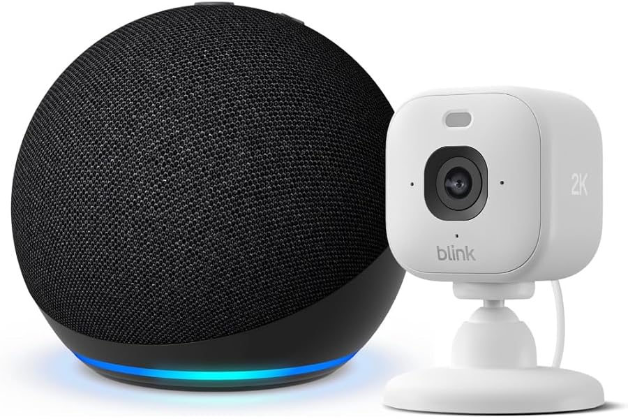 Amazon Echo Dot (neueste Gen.), Anthrazit + Blink Mini 2K+ Überwachungskamera, Weiß - Kamera per Alexa steuern, mit Alex
