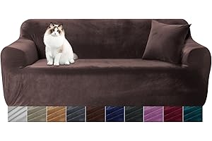 Yeahmart Thick Sofa Covers 1/2/3 Seater Pure Color Sofa Protector Velvet Easy Fit Elastic Fabric Stretch Couch Slipcover (Brown, 2 Seater 145-185cm)