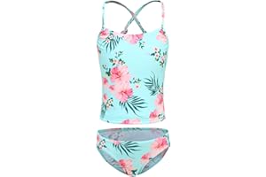 MOON TREE Girls Swimming Costume Two Piece Tankini Set Swimsuit Hawaiian Ruffle Swimwear