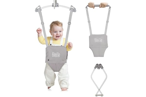 FUNLIO Porteur Bébé 2-en-1 avec Pince de Porte et Harnais de Marche (6-24 Mois). Ressorts Solides et Sangle Réglable, Facile à Monter et Ranger - Gris