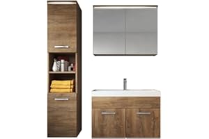 BADPLAATS B.V. Badezimmer Badmöbel Set Paso LED 80cm Waschbecken Braun Eiche - Unterschrank Hochschrank Waschbecken Spiegelschrank