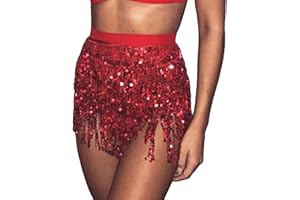 Aohhy Women's Belly Dance Skirt Costume Sequin Tassel Skirt Hawaiian Hula Grass Costume Mini Rave Fringe Skirt