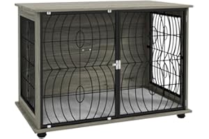 PawHut Dog Crate Furniture, Dog Cage End Table with Large Top, Soft Washable Cushion, Lockable Front Door, Wire Mesh Ventilation, Indoor Pet Crate for Large Sized, 100 x 60 x 74cm - Grey