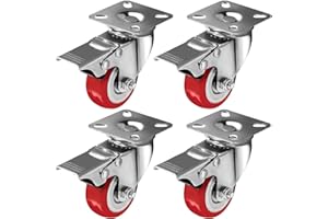 ONLINE BEST SERVICE 4 Pack 50mm Up to 120KG On Red Polyurethane Castor Wheels Swivel Plate with Brake, No Floor Marks Silent Caster for Furniture - Rubbered Trolley Wheels