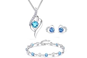 Kaguyo jewellery sets for Women Sterling Silver Heart Jewelry Set Amethyst Clear Blue Zirconia Heart Pendant Necklace and Earrings with Bracelet Crystal jewellery Sets for Women Girls