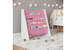 URBNLIVING Kids Children MDF & Fabric Bookshelf with Sling Open Storage - 4-Tier Organizer Shelves for Study, Bedroom, Living Room (Pink)