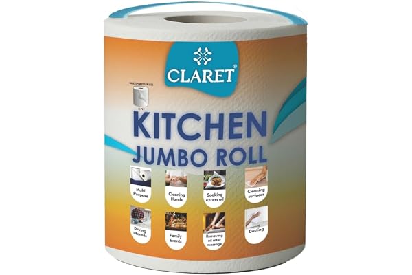 Claret Kitchen Jumbo Towel Tissue Paper Roll Napkin 300 Pulls Each Roll Soft & Highly Absorbent 100% Natural 2 Ply Pack of 1 Roll Ideal For Cleaning Kitchen Accesssories Microwave & OTG