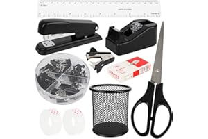 ‎FOGARI Office Supplies, Desk Storage and Accessories, Stapler and Tape Dispenser Set, 1000 Clips, Long Tail Clips, Paper Clips, Stapler Remover for Study, School, Office Supplies Set, (Black)