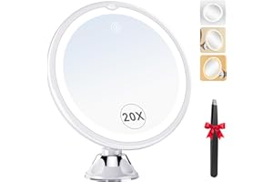 Auxmir Specchio Ingranditore 20X con Luci a 3 Colori, Luminosità Regolabile, da Parete 360° Girevole, a Ventosa Potente per Trucco Dettagliato, Casa e Viaggio