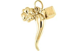 FORME DI LUCCHETTA Ciondolo Amuleto Portafortuna Cornetto Dado Quadrifoglio in Oro Giallo 14 carati | Charms e Ciondoli per Bracciale e Catenina (fino a 4mm) | per Donna Ragazza Bambina | realizzato da Lucchetta