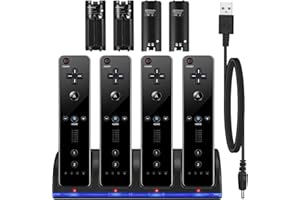 ROSEBEAR Cargador para Mando a Distancia de Wii, Base de Carga Wii con 4 Baterias Recargables de 2800mAh, Estación de Carga para Mandos Wii Remoto, USB, Negro