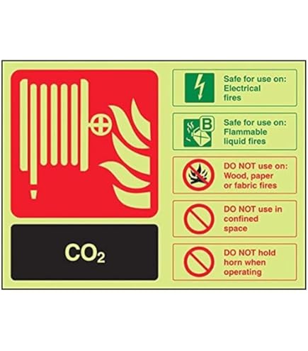 V Safety Glow In The Dark Carbon Dioxide Co2 Id Fire Extinguisher Sign - 150mm x 100mm - Self Adhesive Vinyl