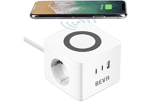 BEVA uttagskub med 10 W trådlös laddningsfunktion + 1,5 m kabel, 2500 W/10 A flervägsuttag med 2 USB C+1 USB-A, laddningskub