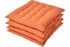 ‎HOMESCAPES Homescapes 4er Set Stuhlkissen 40 x 40 cm, Terracotta-orange, Sitzkissen mit Bändern und Knopfverschluss, einfarbige Auflagen für Stühle mit Bezug aus 100% Baumwolle und weicher Polyester-Füllung