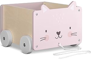 Navaris Cesta Portagiochi Bambini con Ruote - Contenitore Porta Giocattoli in Legno MDF - Toys Box Rettangolare Giochi Bimbi 5,5l - Design Gatto Rosa
