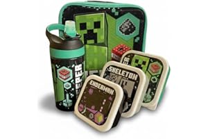 HOX Minecraft 5 Piece Lunch Set Kids School Lunch Bag, 450ml Lockable Water Bottle, 3 Nesting Snack Boxes Featuring Creeper, Skeleton, Enderman - Gift for Minecraft Fans