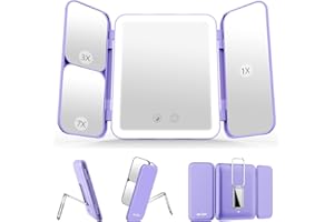 Sejoy Lusterko do makijażu z oświetleniem, składane lusterko kosmetyczne z powiększeniem 7X/3X/1X, 3-kolorowe diody LED, ładowanie przez USB, możliwość ściemniania, fioletowe