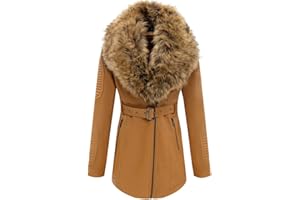 BELLIVERA Chaqueta de piel sintética para mujer, abrigo de motociclista con forro de sherpa y cuello de piel desmontable