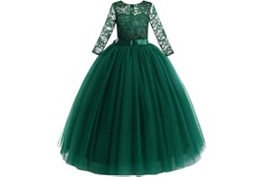 IBTOM CASTLE Flower Girls Party Princess 3/4 Sleeve Maxi Floor Length Dress Kids Floral Lace Pageant Ceremony Carnival Wedding Bridesmaid Communion Birthday Cocktail Evening Dance Prom Ball Gown 2-14 Years