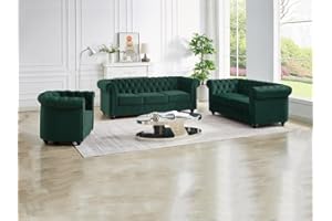 Vente-unique-Divano 3 posti, 2 posti e poltrona in Velluto Verde - CHESTERFIELD