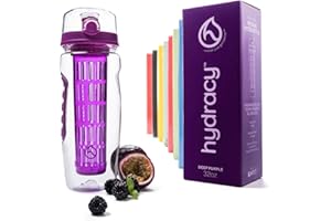 Hydracy Bouteille à Infusion de Fruits avec Etui Long Infuseur et Indicateur de Temps - Grande capacité 1Litre - sans bisphénol A - Votre Hydratation Santé avec du Goût! Violet